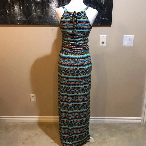 Donna Ricco New York Blue/Green/Orange Striped Halter Maxi Dress w/Pockets-Sz 6 - Picture 2 of 5